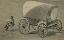 A lithograph of Camp Brightwood in Washington shows the entire 10th Massachusetts Regiment on parade. The unit's tents surround the field. In the corner sits the soldier-artist on a camp stool with a large pad in his lap. 