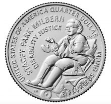 "On a U.S. quarter reads "Stacey Park Milbern - disability justice", and a young woman with shoulder length hair and glasses uses a power wheelchair"